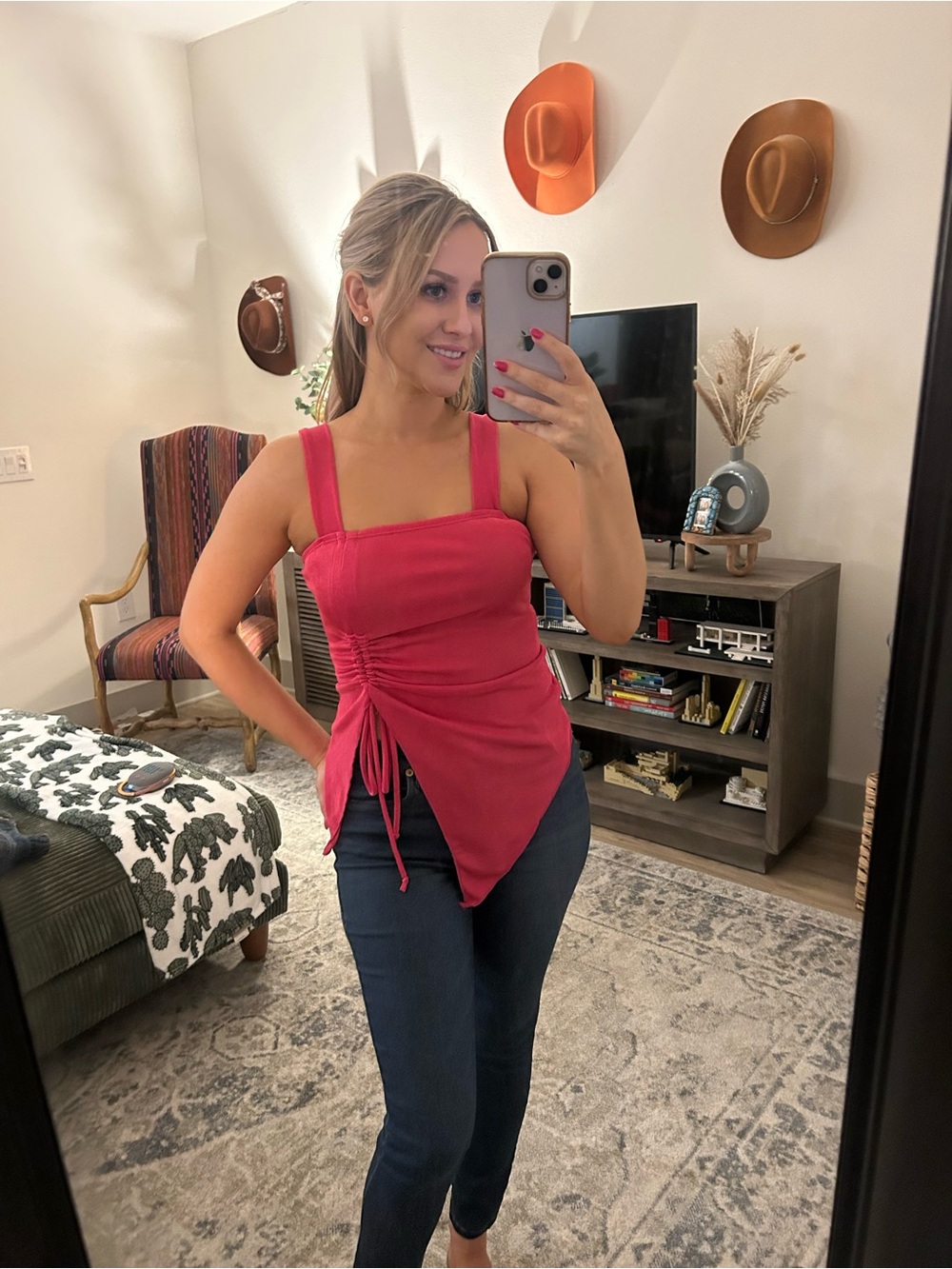 Square-Neck Ruched Side Tank Top in Pink